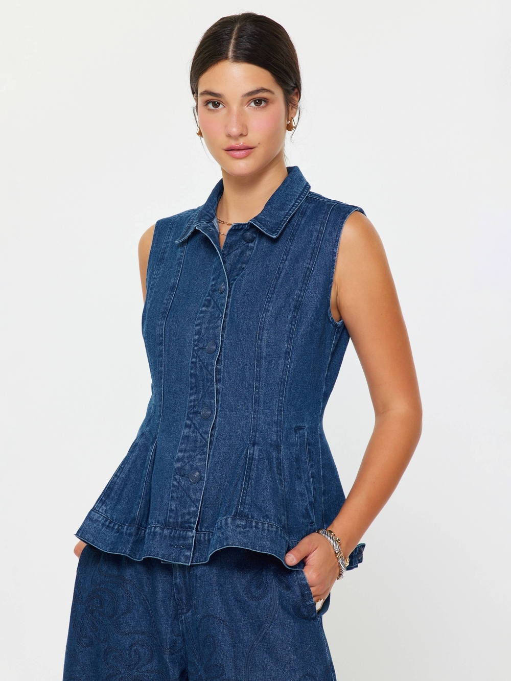 Current Air Dark Blue Denim Jacket And Vest Set - Classic Collared Peplum